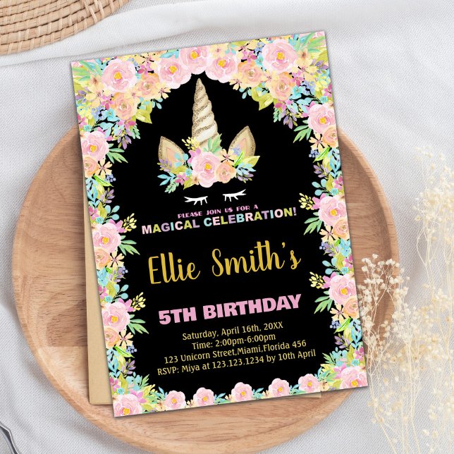 Convites de Aniversário Floral Black Unicorn (Floral Black Unicorn Birthday Invitations)