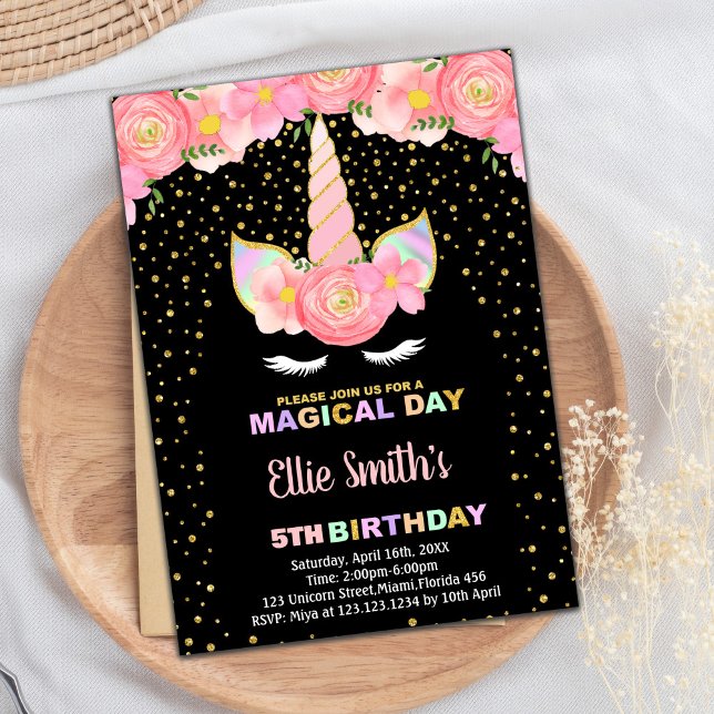 Convites de Aniversário Floral Black Unicorn (Floral Black Unicorn Birthday Invitations)