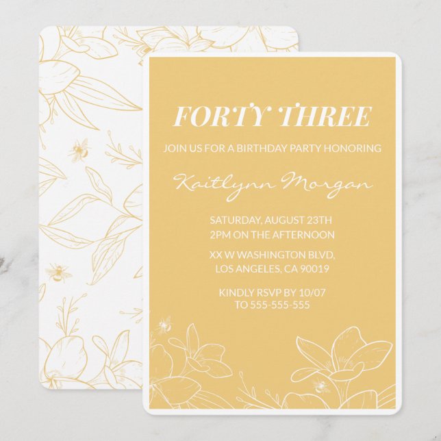 Convites de aniversário Floral Moderno Amarelo 43º (Frente/Verso)