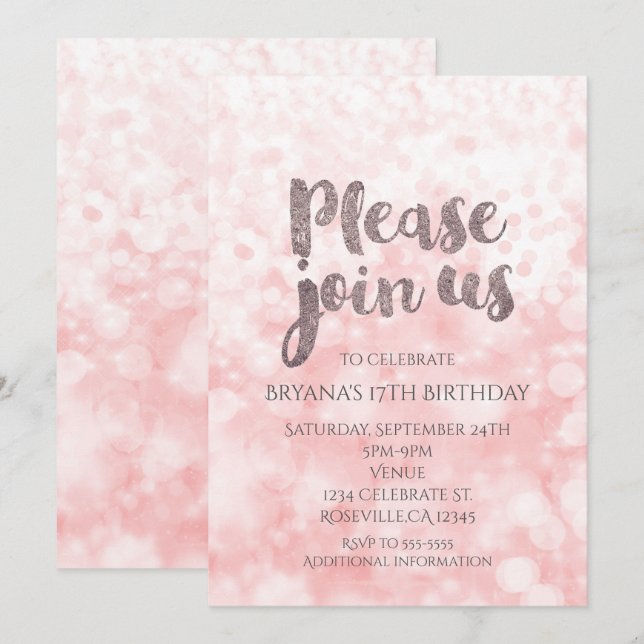 Convites de Aniversário Glam Brilho Rosa Pêssego (Frente/Verso)