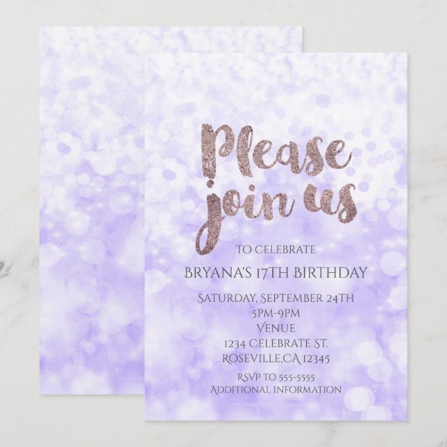 Convites de Aniversário Glam Purple Sparkle (Frente/Verso)