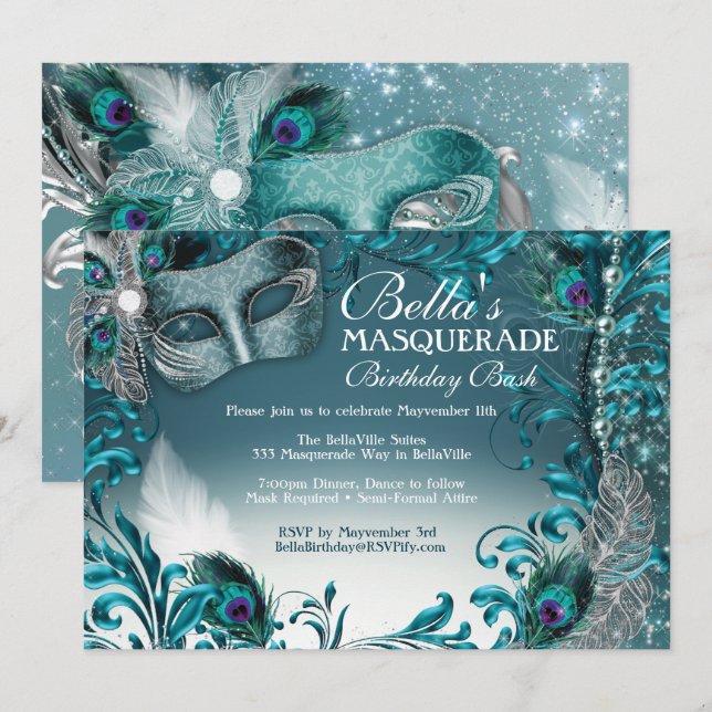 Convites de aniversário mascarada (Frente/Verso)