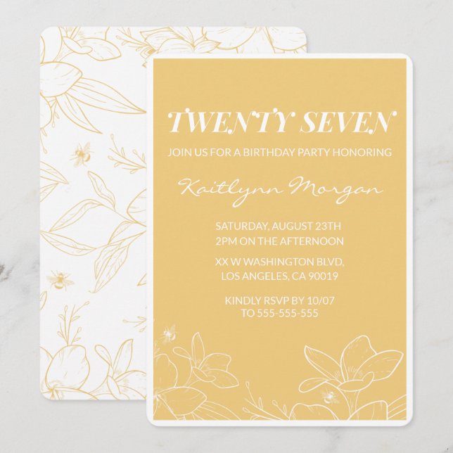 Convites de aniversário modernos 27 Floral Amarelo (Frente/Verso)
