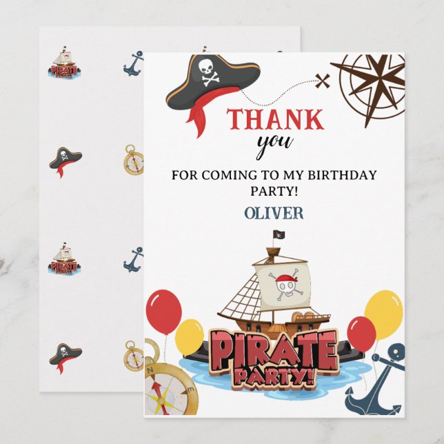 Convites de Aniversário Náuticos Piratas Obrigado (Frente/Verso)