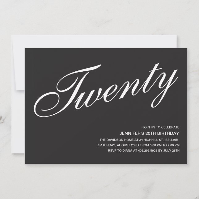 Convites de Aniversário para 20 de Preto e Branco (Frente)