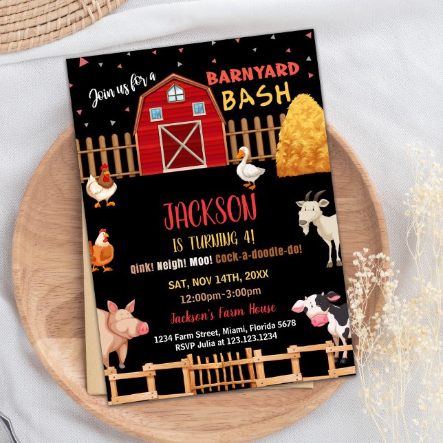 Convites de Aniversário para Animais da Fazenda Ve (Black Red Farm Animals Birthday Invitations)