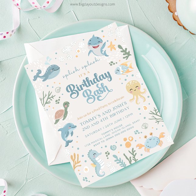 Convites de Aniversário para Animais do Oceano. An (Boy Ocean Life Joint Sibling Birthday Invitation)