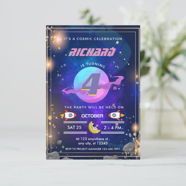 Convites de aniversário para astronautas no espaço (Em pé/Frente)