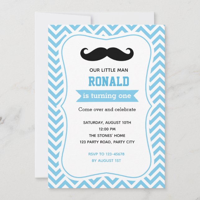 Convites de Aniversário para bigode (Blue Chevron) (Frente)