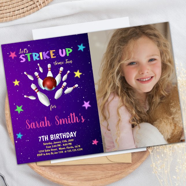 Convites de Aniversário para Boliches Roxas Claras (Light Purple Bowling Birthday Invitations w photo)