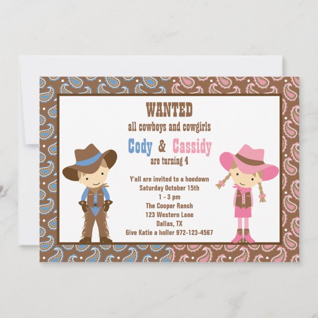 Convites de Aniversário para Cowboy e Cowgirl (Frente)