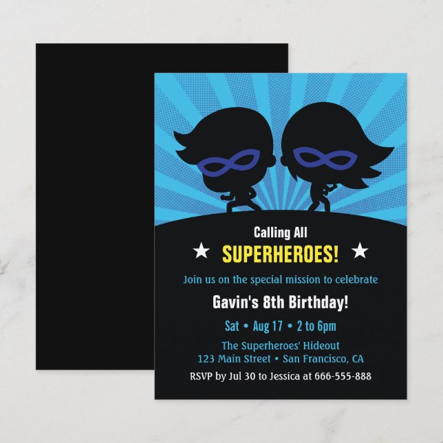 Convites de Aniversário para Crianças de Super-Her (Frente/Verso)