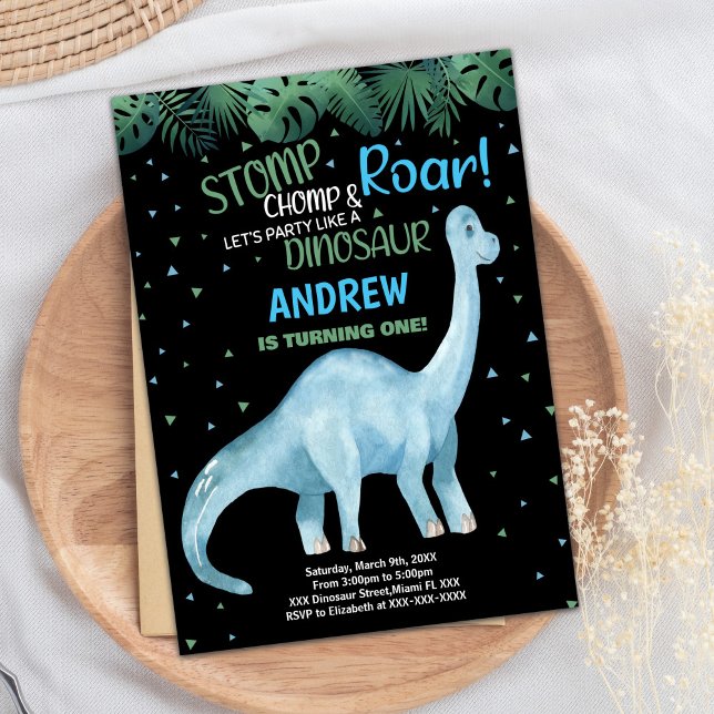 Convites de Aniversário para Dinossauro Negro Verd (Blue Green Black Dinosaur Birthday Invitations)
