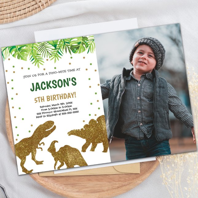 Convites de Aniversário para Dinossauros Castanhos (Brown Glitter Dinosaur Birthday Invitations photo)