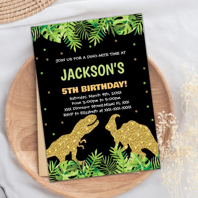 Convites de Aniversário para Dinossauros Pretos Ve (Green Black Glitter Dinosaur Birthday Invitations)