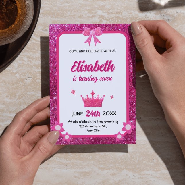 Convites de Aniversário para Garota Rosa e Branca (Pink & White Glitter Girl Birthday Invitations - Cute Floral Party Invites)