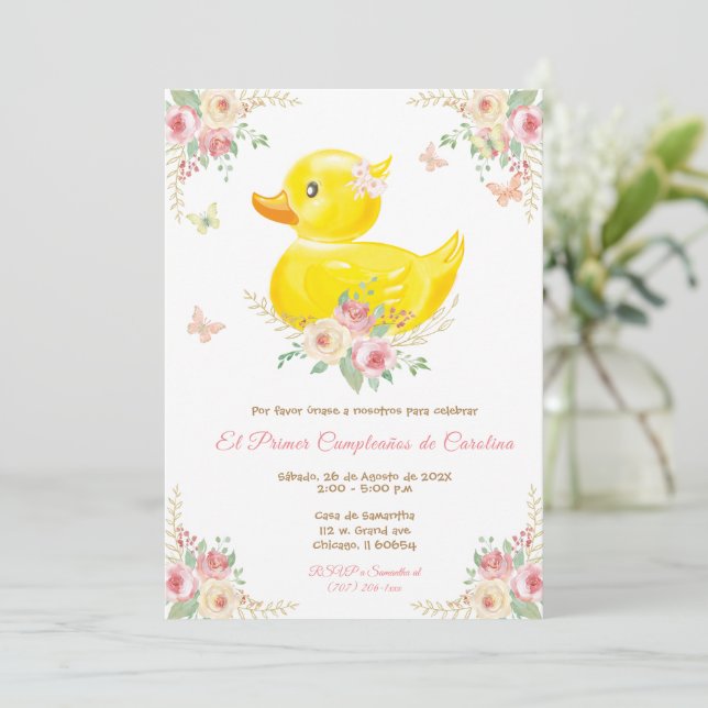 Convites De Aniversário Para Menina de Pato de Borracha (Em pé/Frente)