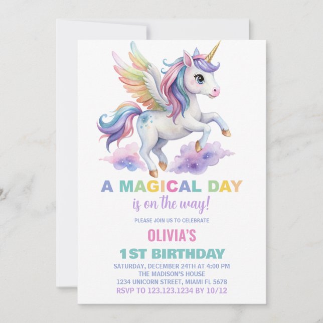 Convites de Aniversário para Nuvem Roxa Unicorn (Frente)