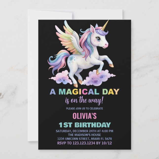 Convites de Aniversário para Nuvem Roxa Unicorn (Frente)