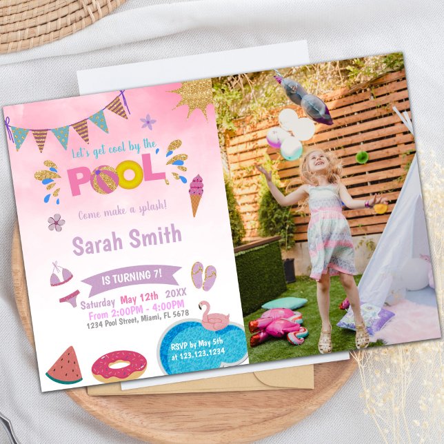 Convites de Aniversário para Piscina em Nuvem Rosa (Pink Cloud Pool Birthday Invitations with photo)