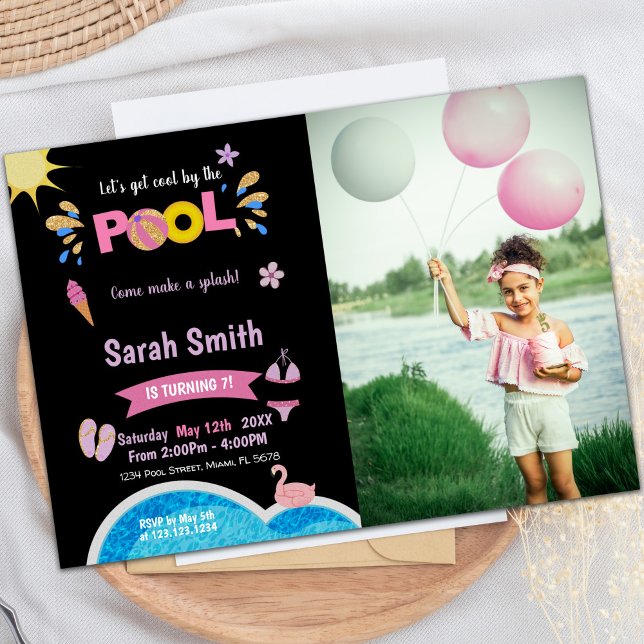 Convites de Aniversário para Piscina Negra Roxa (Purple Black Pool Birthday Invitations with photo)