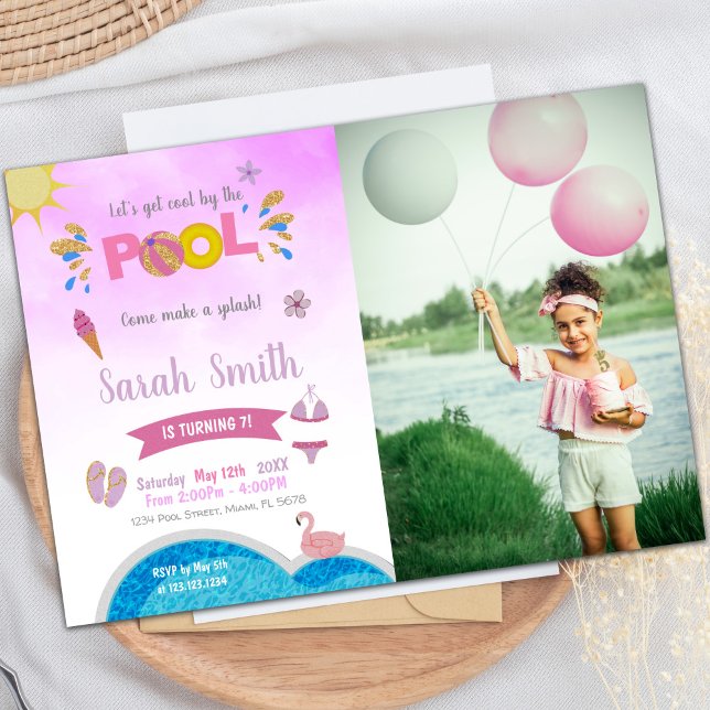 Convites de Aniversário para Piscina Roxa com foto (Purple Pool Birthday Invitations with photo)