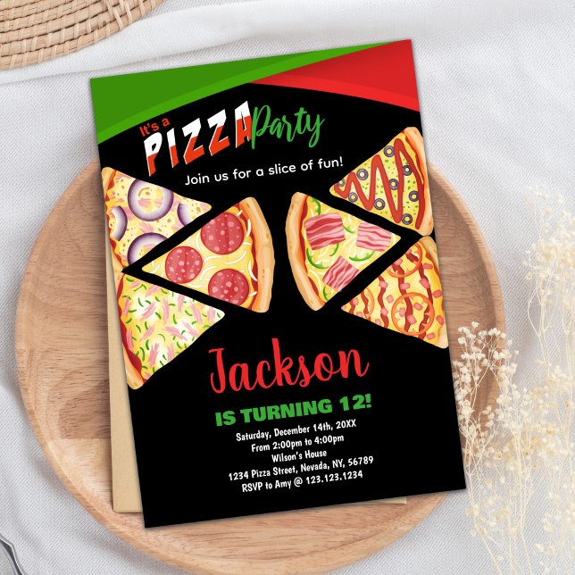 Convites de Aniversário para Pizza Verde Branco (White Red Green Pizza Birthday Invitations)