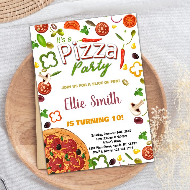 Convites de Aniversário para Pizza Vermelha Verde  (Green Vegetable Red Pizza Birthday Invitations)
