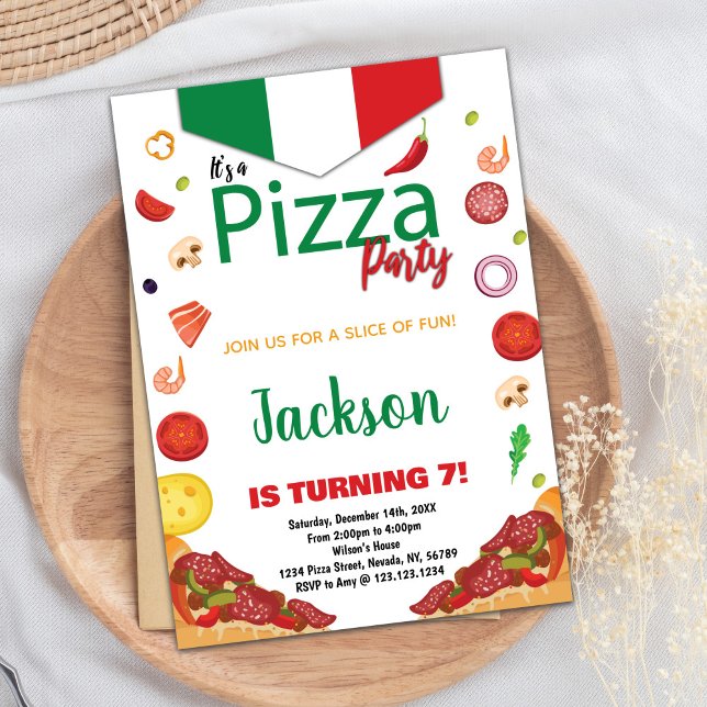 Convites de Aniversário para Pizza Vermelha Verde (Green White Red Pizza Birthday Invitations)