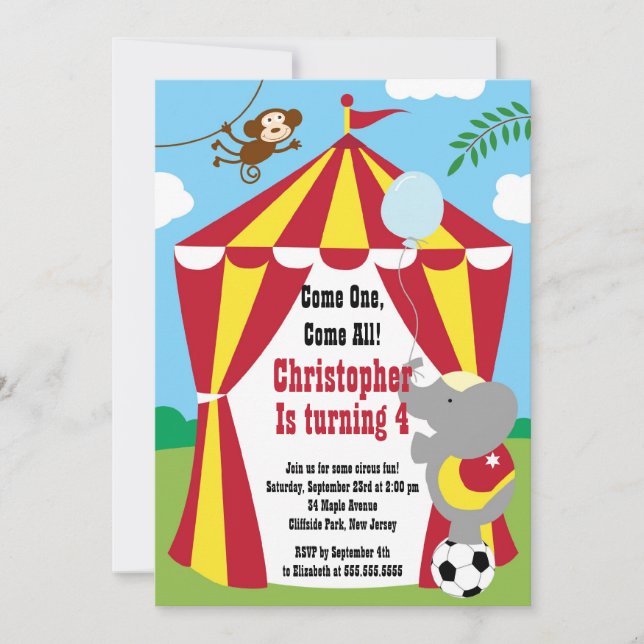 Convites de aniversário para tendas em circo (Frente)