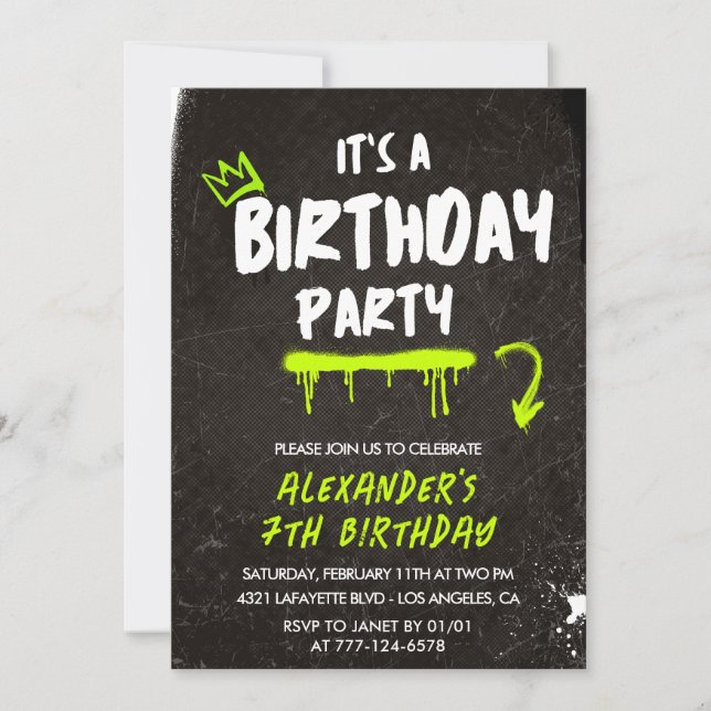 Convites de aniversário preto 7 anos menino Grafit (Frente)