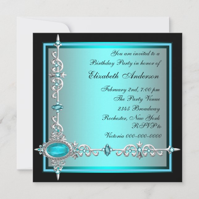 Convites de Aniversário Preto Azul Turquesa (Frente)