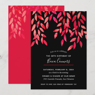 Convites de Aniversário Preto com Folhagem Rosa Qu