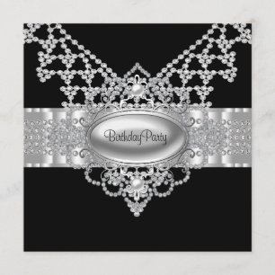 Convites de Aniversário Preto Diamantes Pérolas