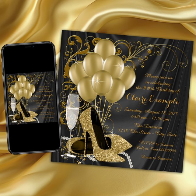 Convites de Aniversário Preto e Dourado para Mulhe (Womans black and gold high heel shoe birthday party invitation. High heel shoe invitation. Any #.)