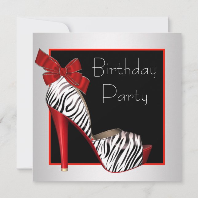 Convites de Aniversário Preto Vermelho Zebra (Frente)