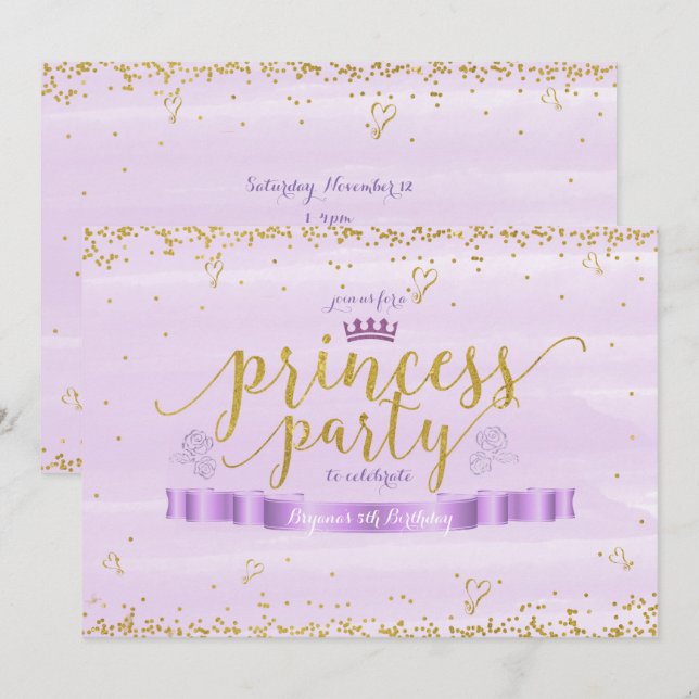 Convites de Aniversário Princesa Rosa Roxo & Doura (Frente/Verso)