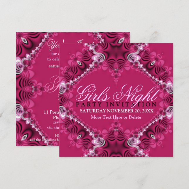 Convites de Aniversário Rosa para Noite de Meninas (Frente/Verso)