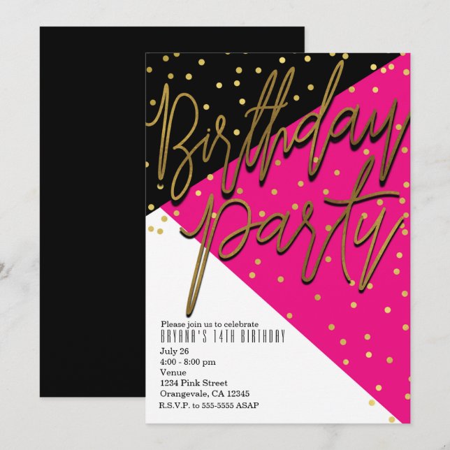 Convites de Aniversário Rosa Preto Dourado em Bloc (Frente/Verso)