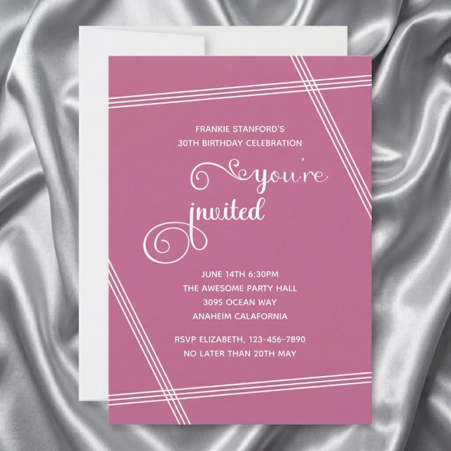 Convites de Aniversário Simples e Elegantes Modern (30th birthday pink invitation. Grey silk background.)