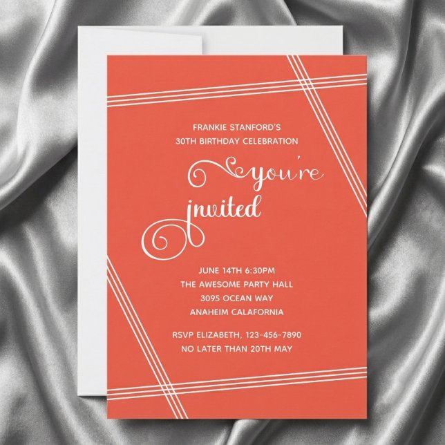 Convites de Aniversário Simples e Elegantes Modern (30th birthday invite in orange. Grey silk background.)