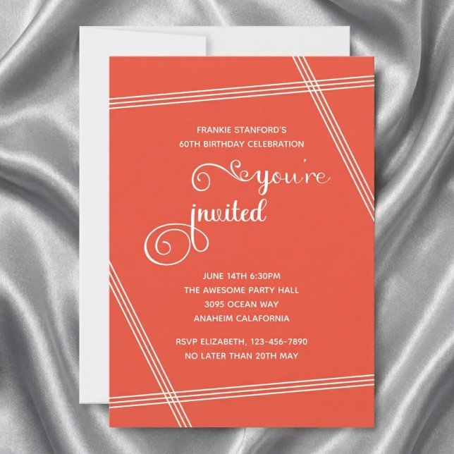 Convites de Aniversário Simples e Elegantes Modern (6Oth birthday. Orange invitation. Grey silk background.)