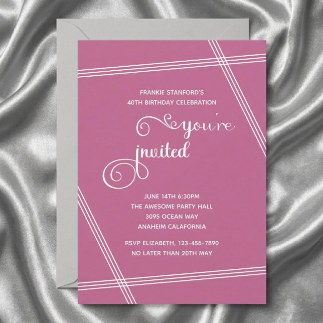 Convites de Aniversário Simples e Elegantes Modern (Pink 40th birthday invite. Grey silk background.)