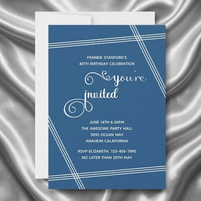 Convites de Aniversário Simples e Elegantes Modern (40th birthday blue invite. Grey silk background.)