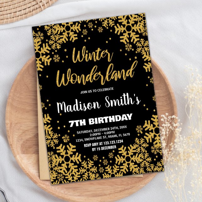 Convites de Aniversário Winter Wonderland Preto Do (Winter Wonderland Birthday Invitations Black Gold)