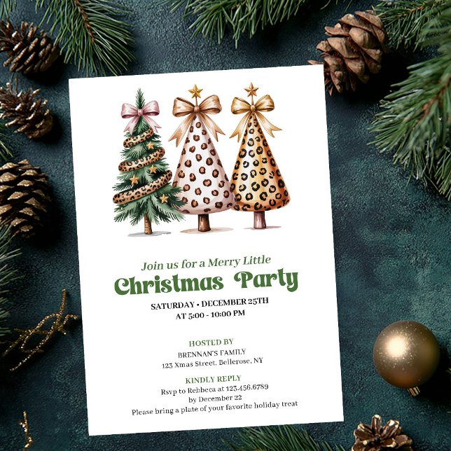 Convites de árvore de Natal com estampa de leopard (Trendy gold green leopard Christmas tree invitation)