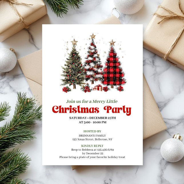 Convites de árvore de Natal de xadrez búfalo verme (Festive red plaid buffalo Christmas tree invitation)