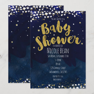 Convites de Baby Shower Azul e Dourado Noite Estre