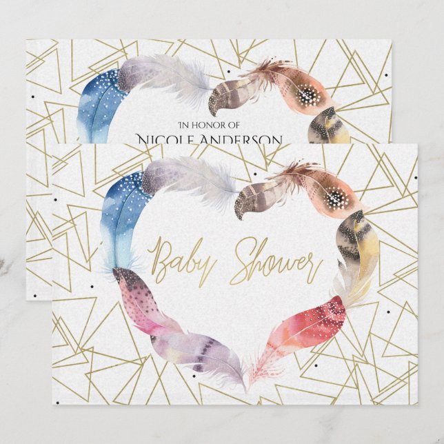 Convites de Baby Shower Coração de Pena Boho Chic (Frente/Verso)