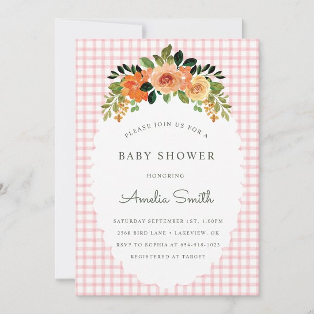 Convites de Babyshower Floral Xadrez Rosa 008 (Frente)
